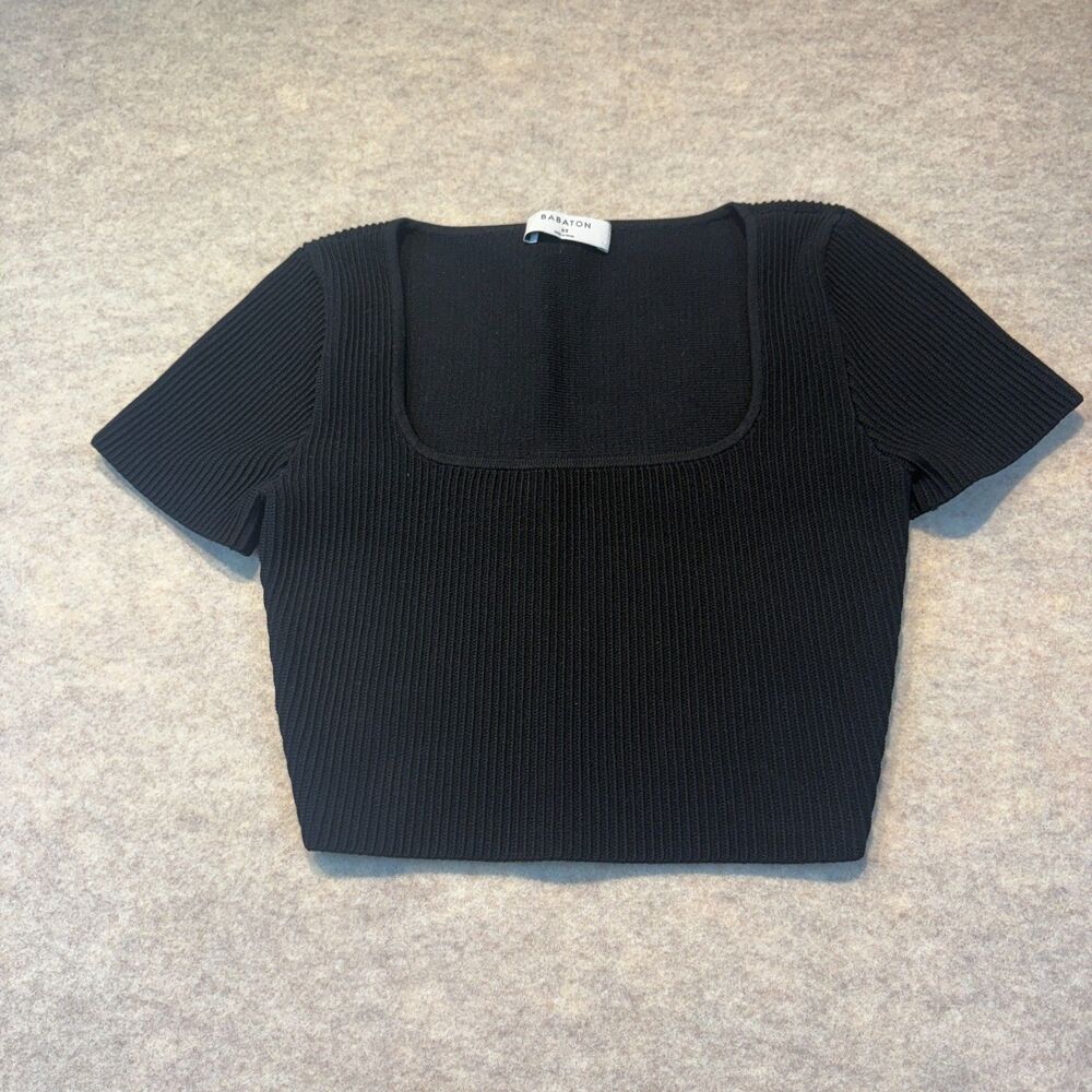 Babaton Aritzia Ribbed Knit Crop Top XS Black Square Neck Short Sleeve